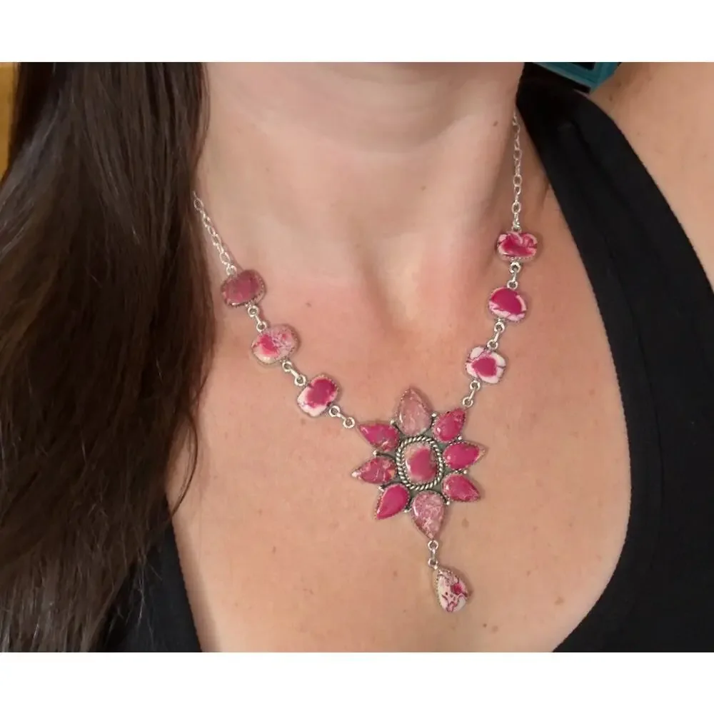 Native American SW Sterling Silver Pink Red Jasper Huge Cluster Necklace Lariat